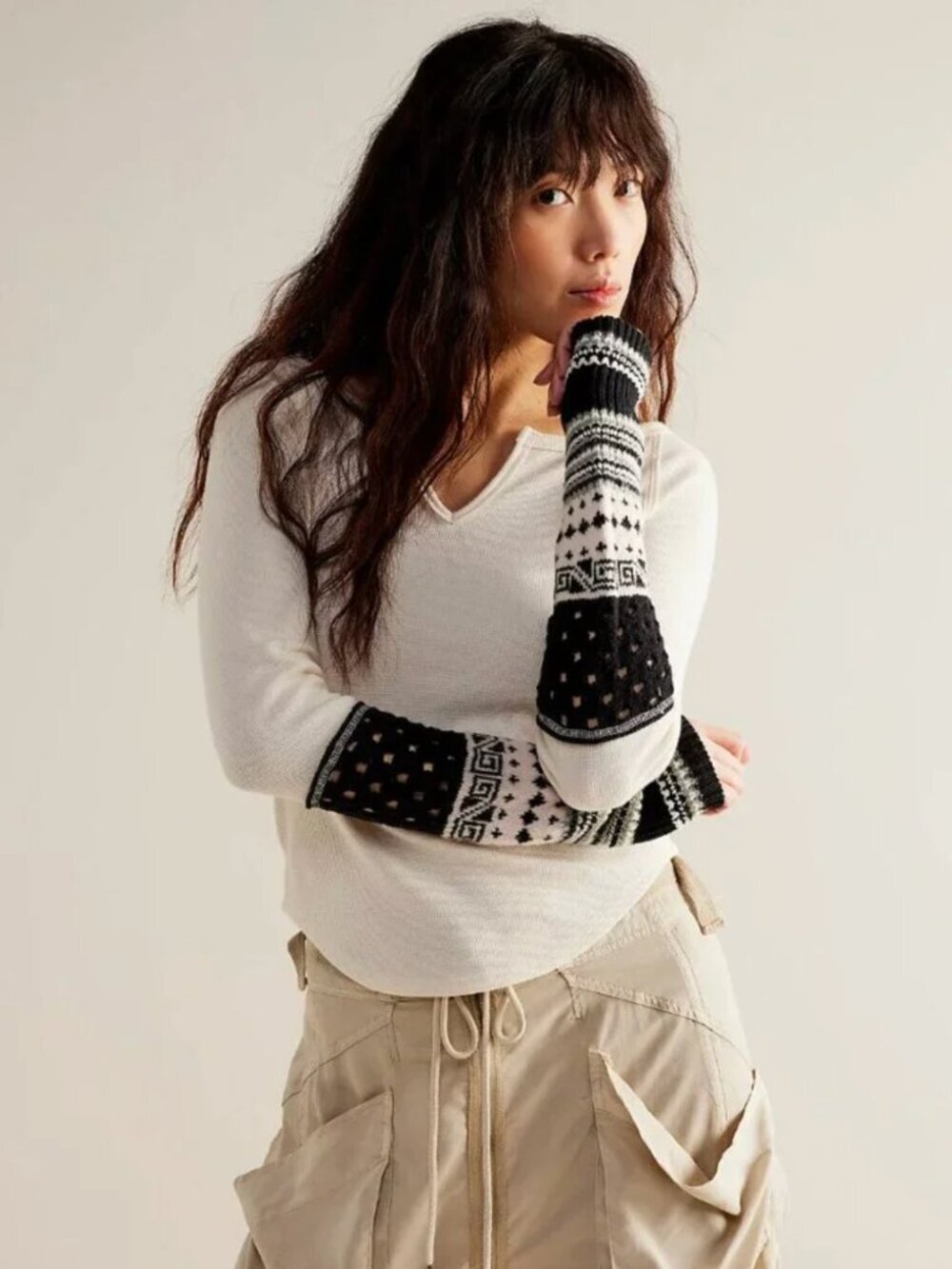 Free People We the Free All In Cuff Thermal Relaxed Fit Pullover Top Ivory Small